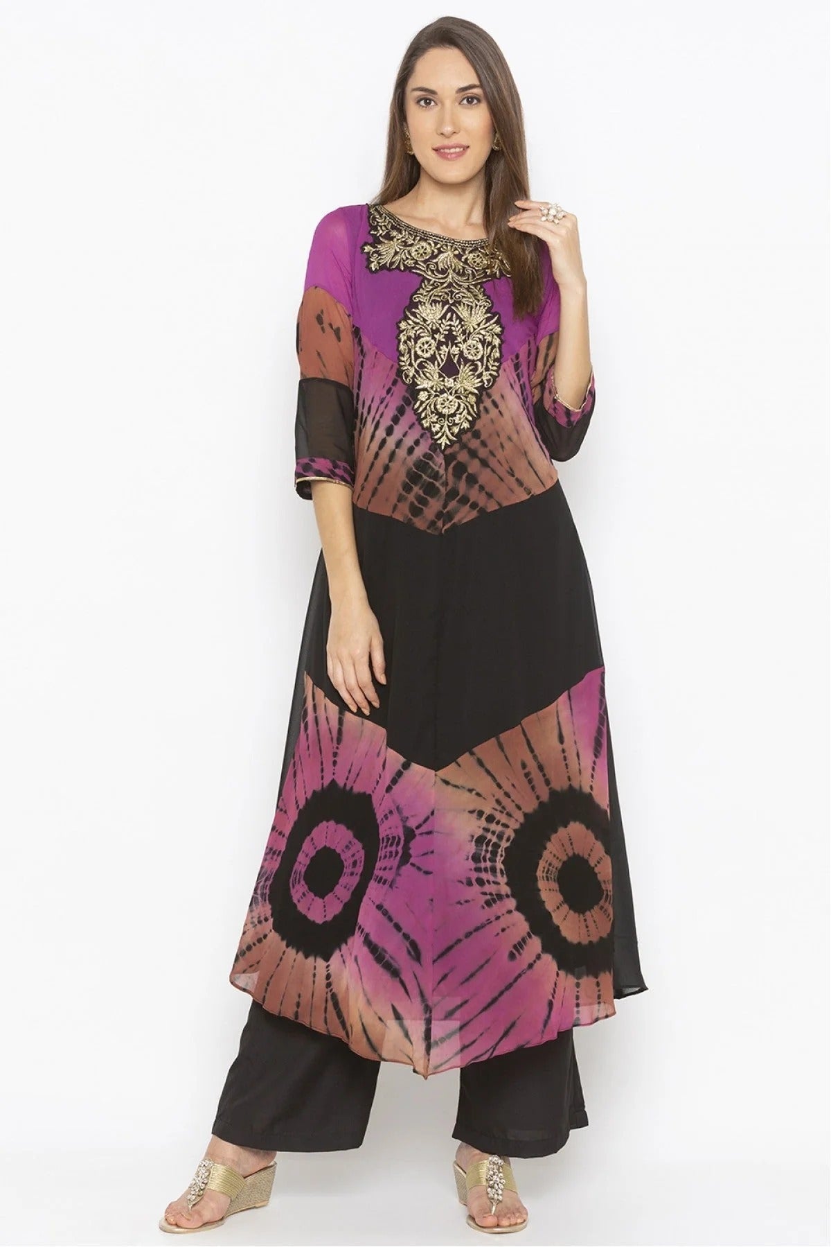Purple and Black Colour Plus Size Georgette Embroidery Kurta Set KR1070656