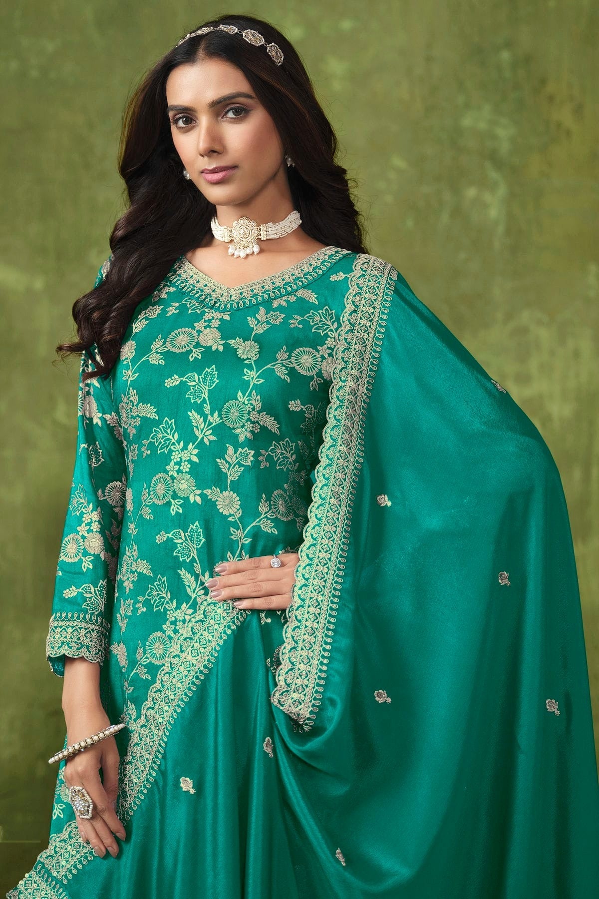 Rama Green Colour Dola Silk Jacquard Palazzo Pant Suit SM1050578 A