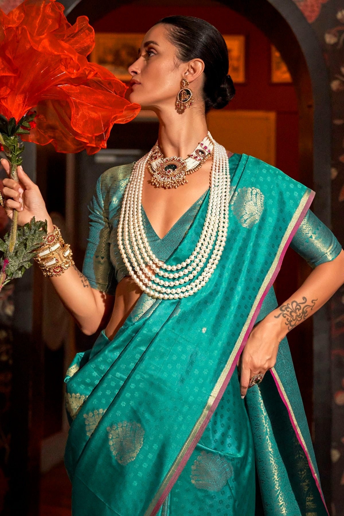 Rama Green Colour Handloom Weaving Silk Woven Work Saree SD1290075 A