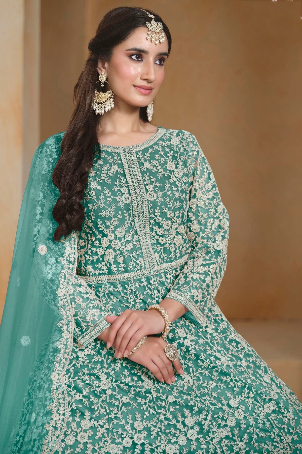 Rama Green Colour Net Semi Stitched Anarkali Suit SM1050623 B