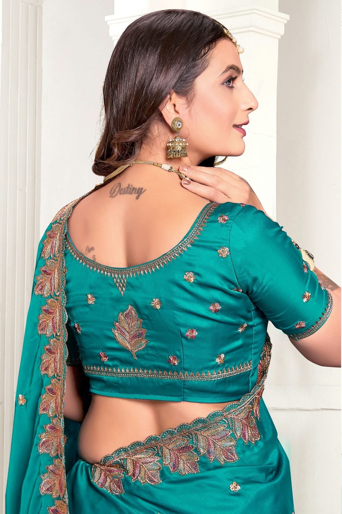 Rama Green Colour Satin Designer Saree SD1121885 A