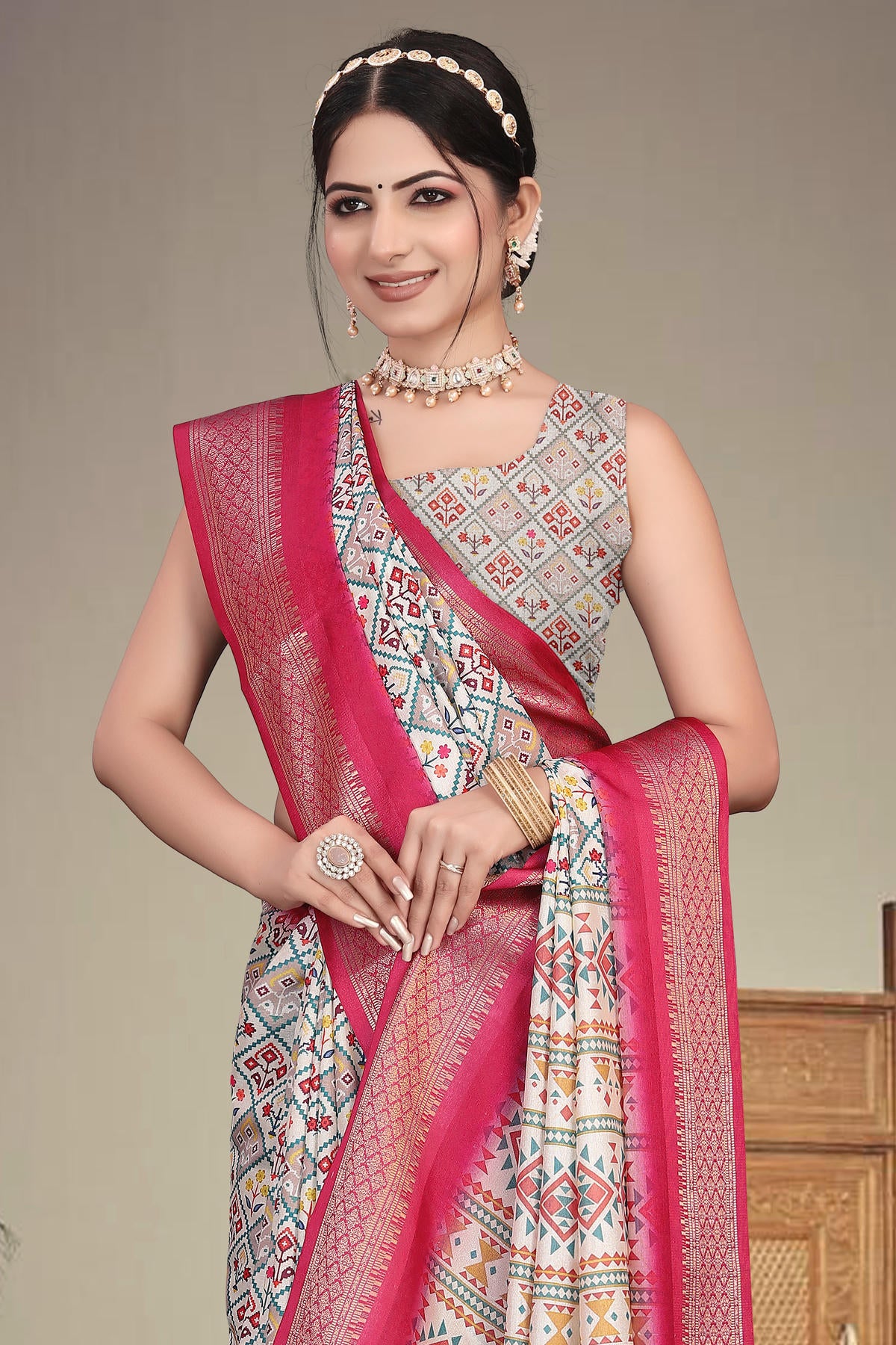 Rani Pink Colour Cotton Silk Printed Saree