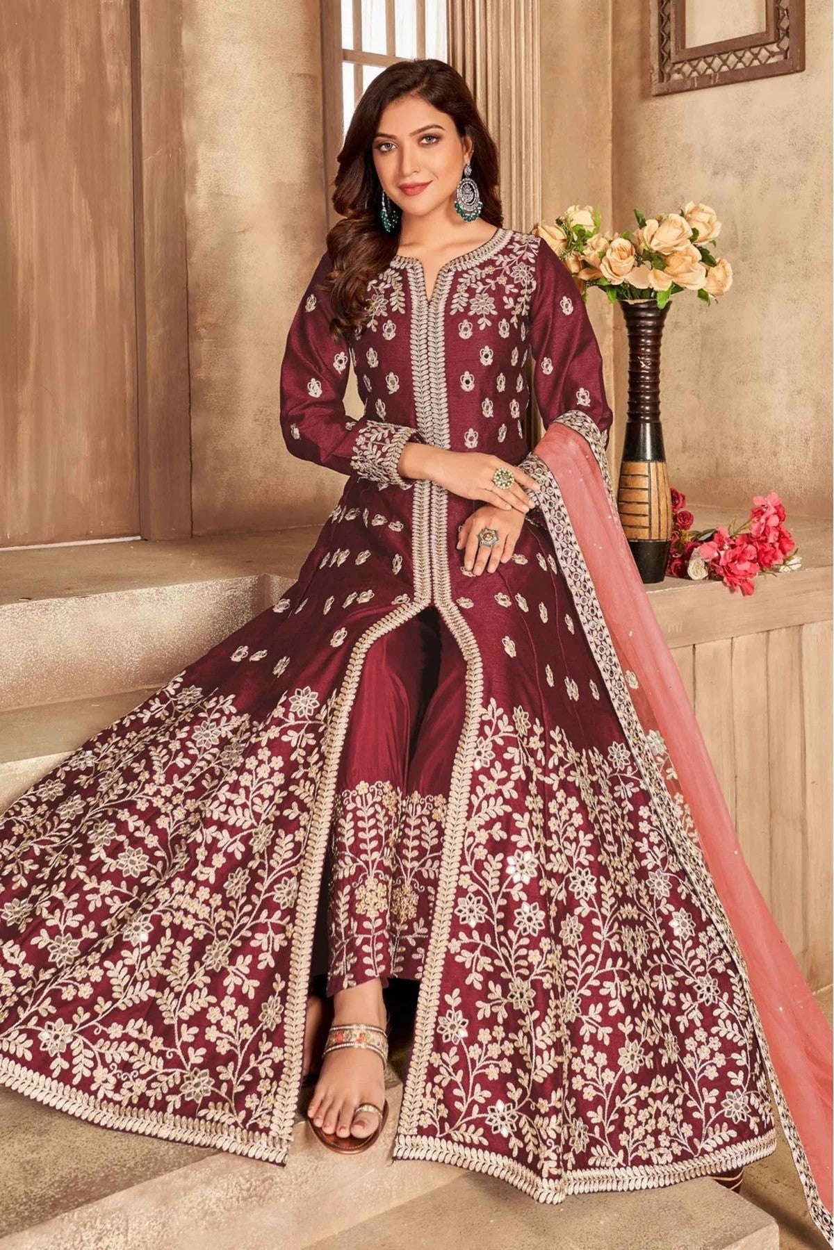 Red Colour Art Silk Pant Style Suit SM1050099