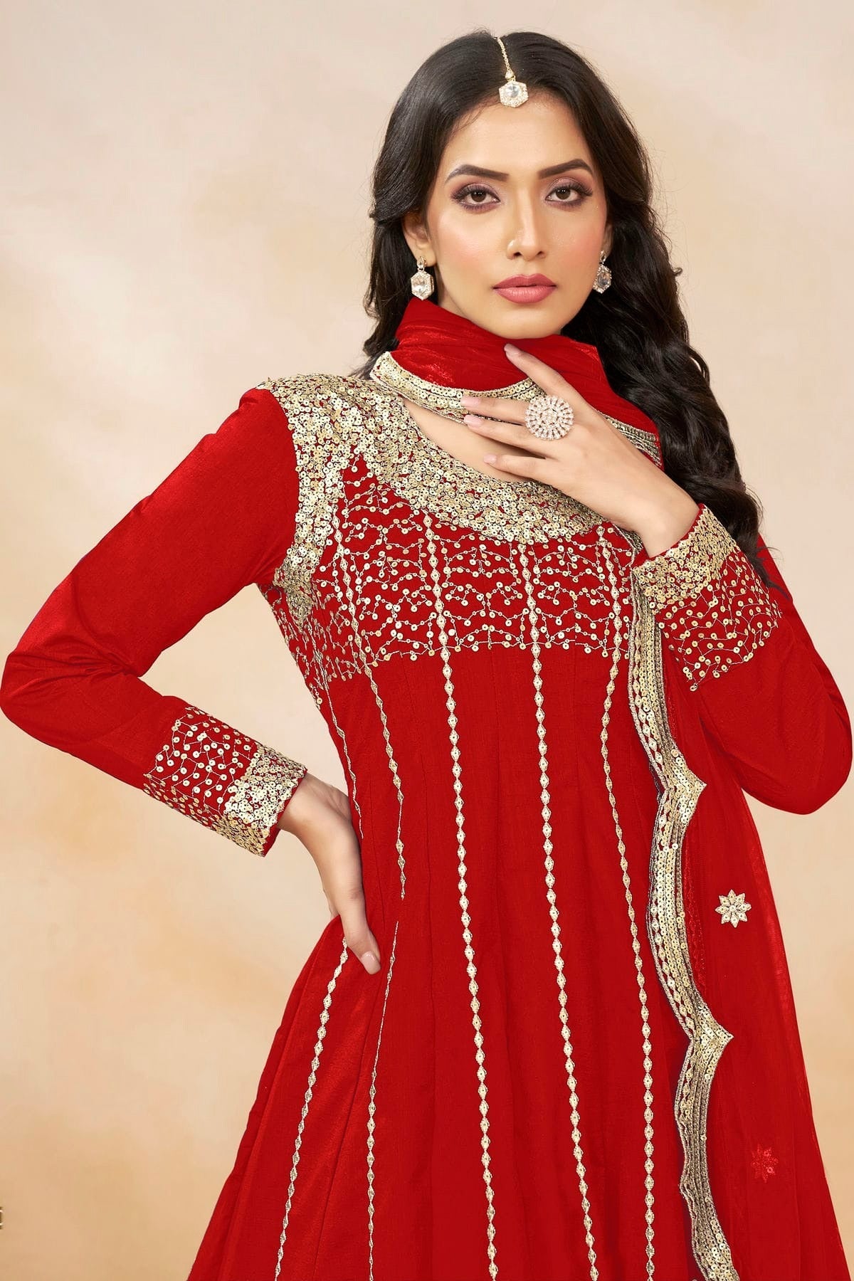 Red Colour Art Silk Semi Stitched Patiala Suit SM1050603 A