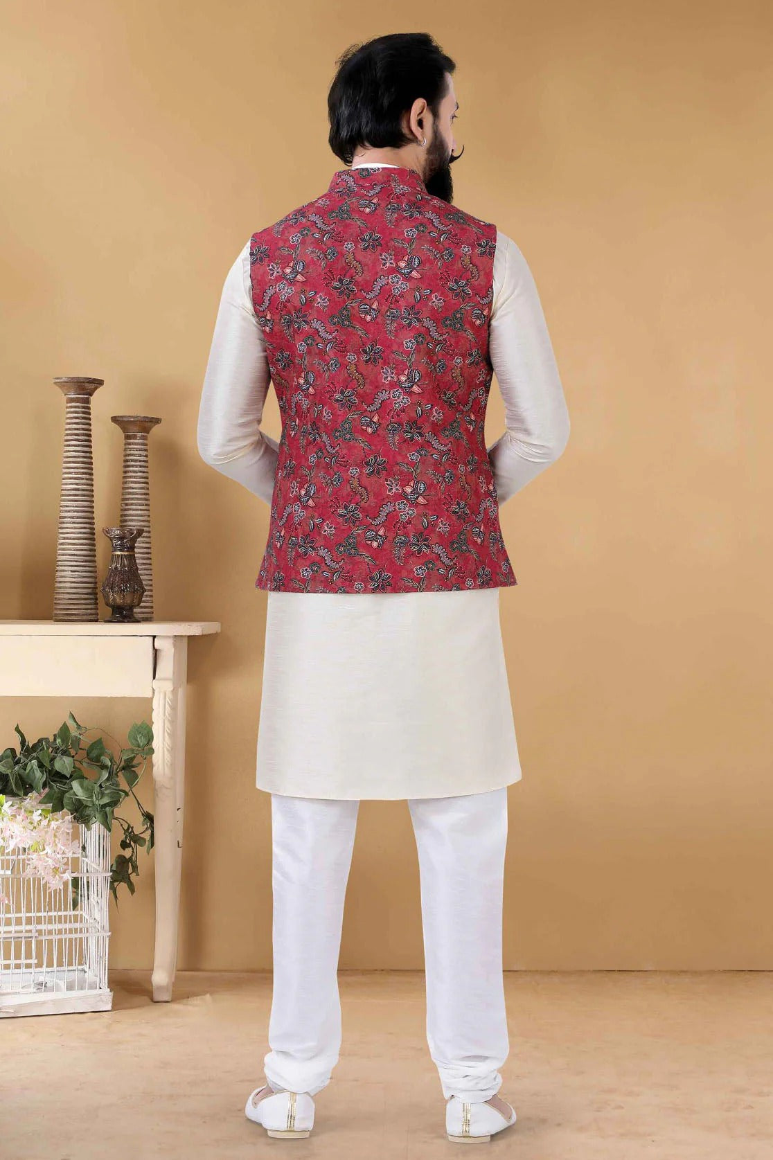 Red Colour Cotton Kurta Pajama With Jacket KP1130090 A