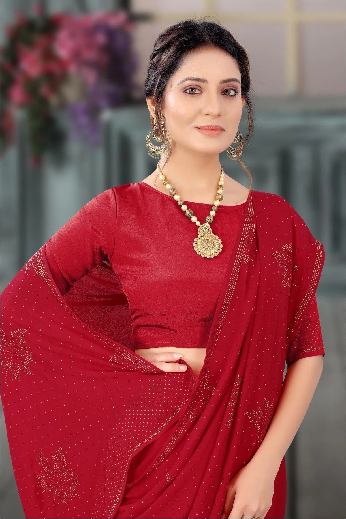 Red Colour Crepe Swarovski Work Saree SD1120801 A