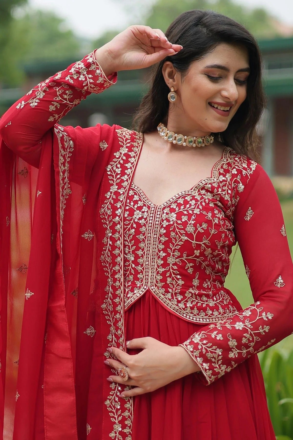 Red Colour Faux Georgette Stitched Gown GW1112332 B