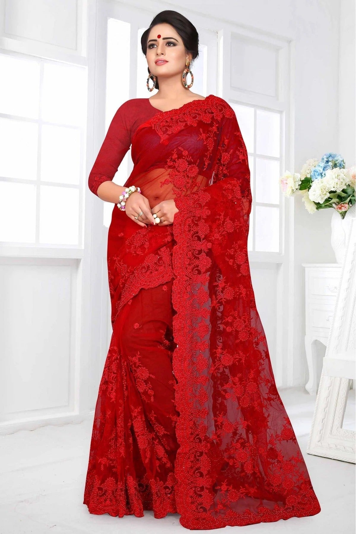 Red Colour Net Designer Saree SD1090022