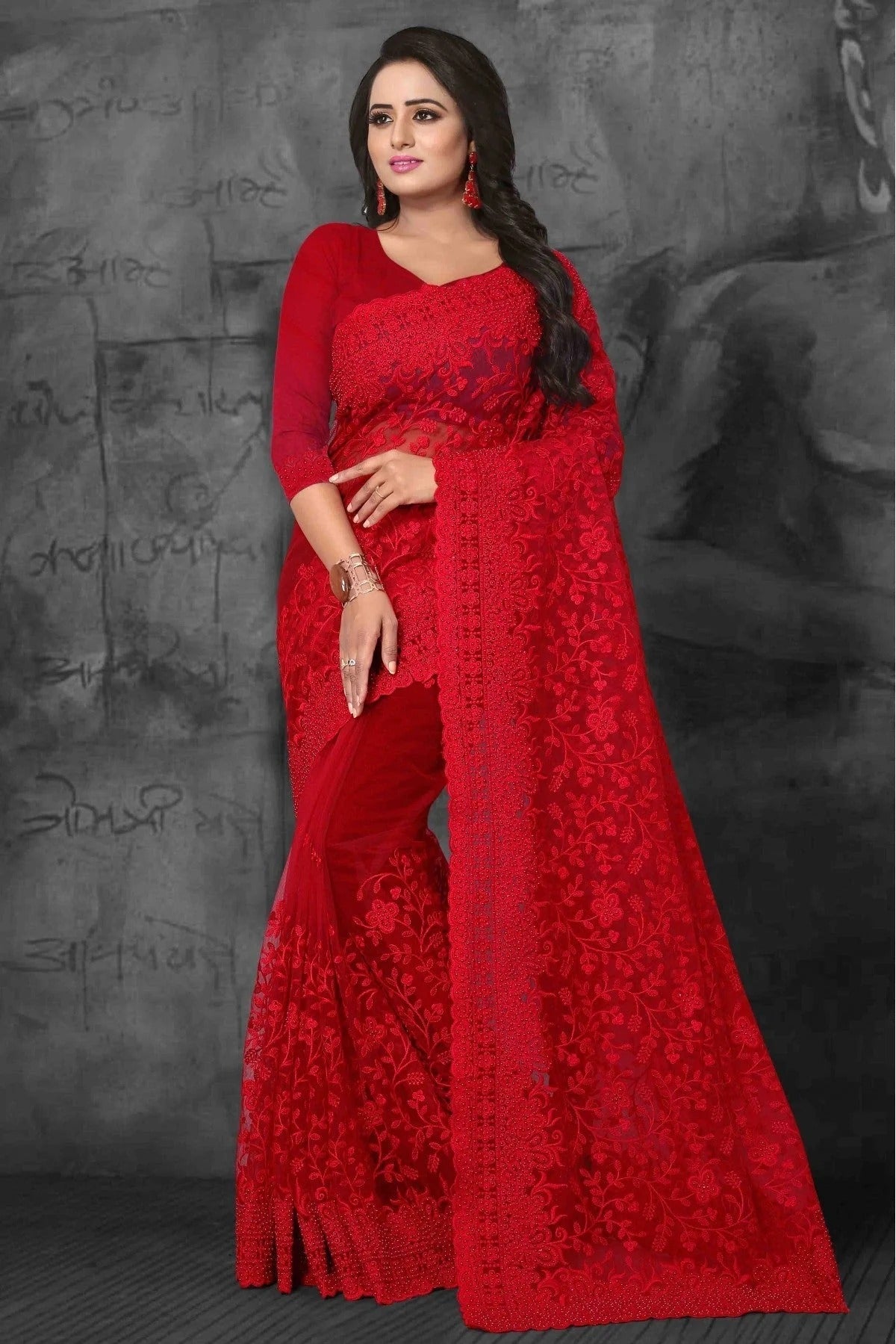 Red Colour Net Designer Saree SD1090036