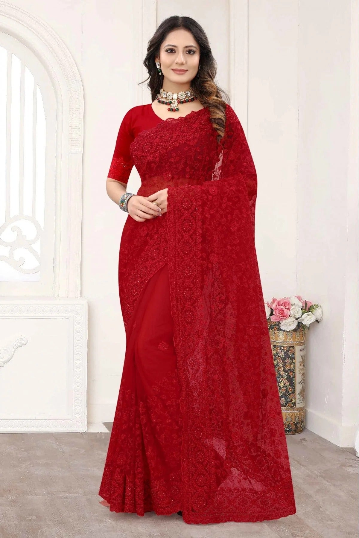 Red Colour Net Designer Saree SD1090239