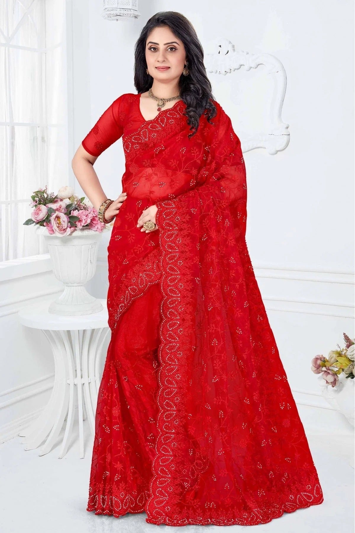Red Colour Net Designer Saree SD1090341