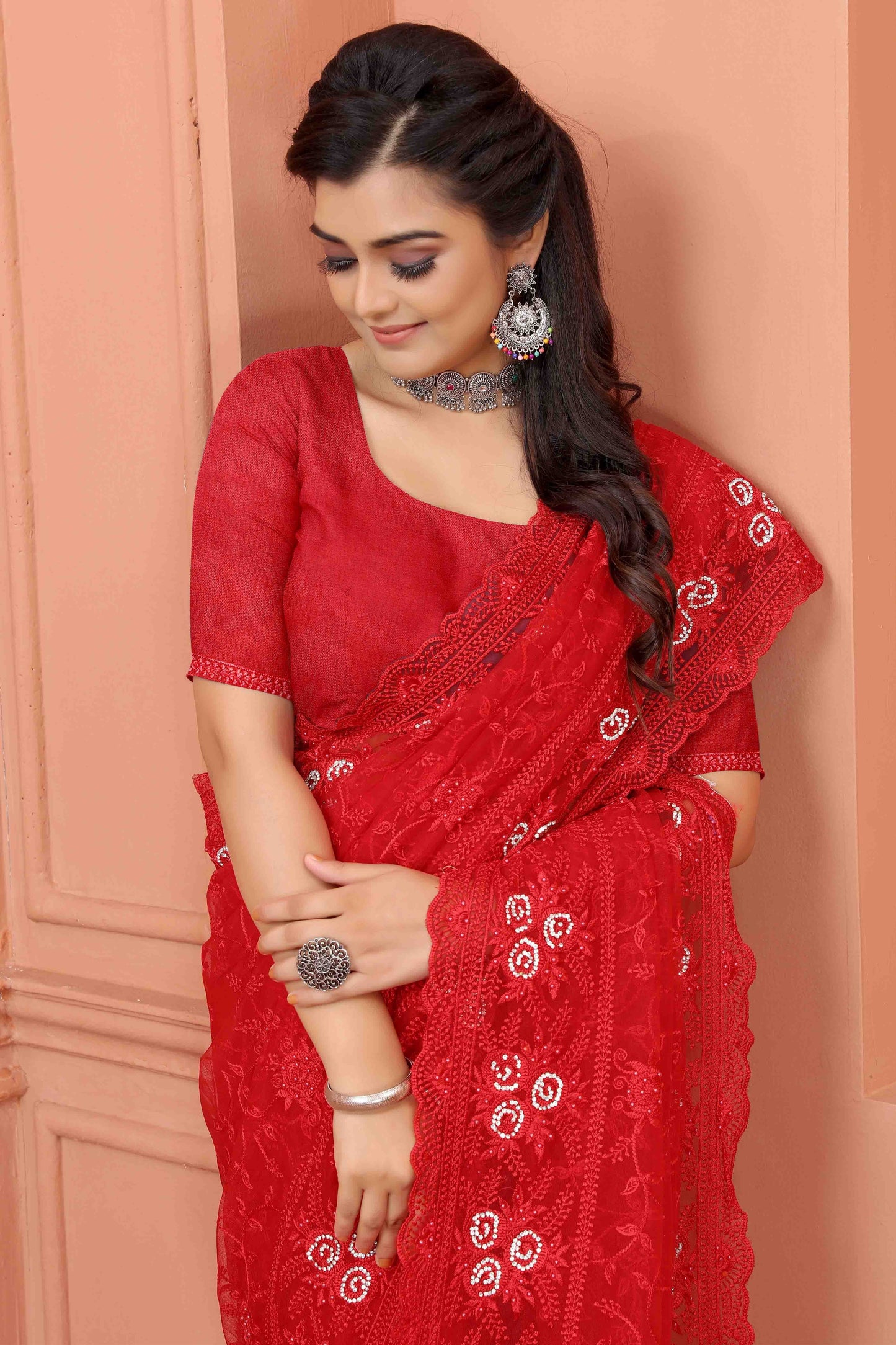 Red Colour Net Designer Saree SD1090512 A