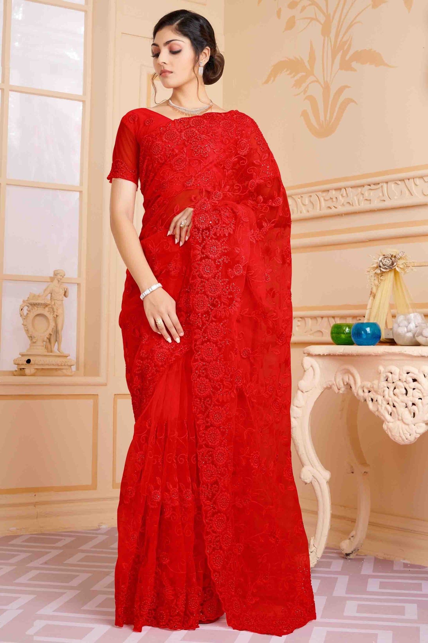 Red Colour Net Designer Saree SD1090608