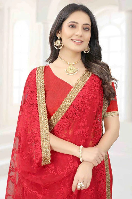 Red Colour Net Designer Saree SD1090636 A