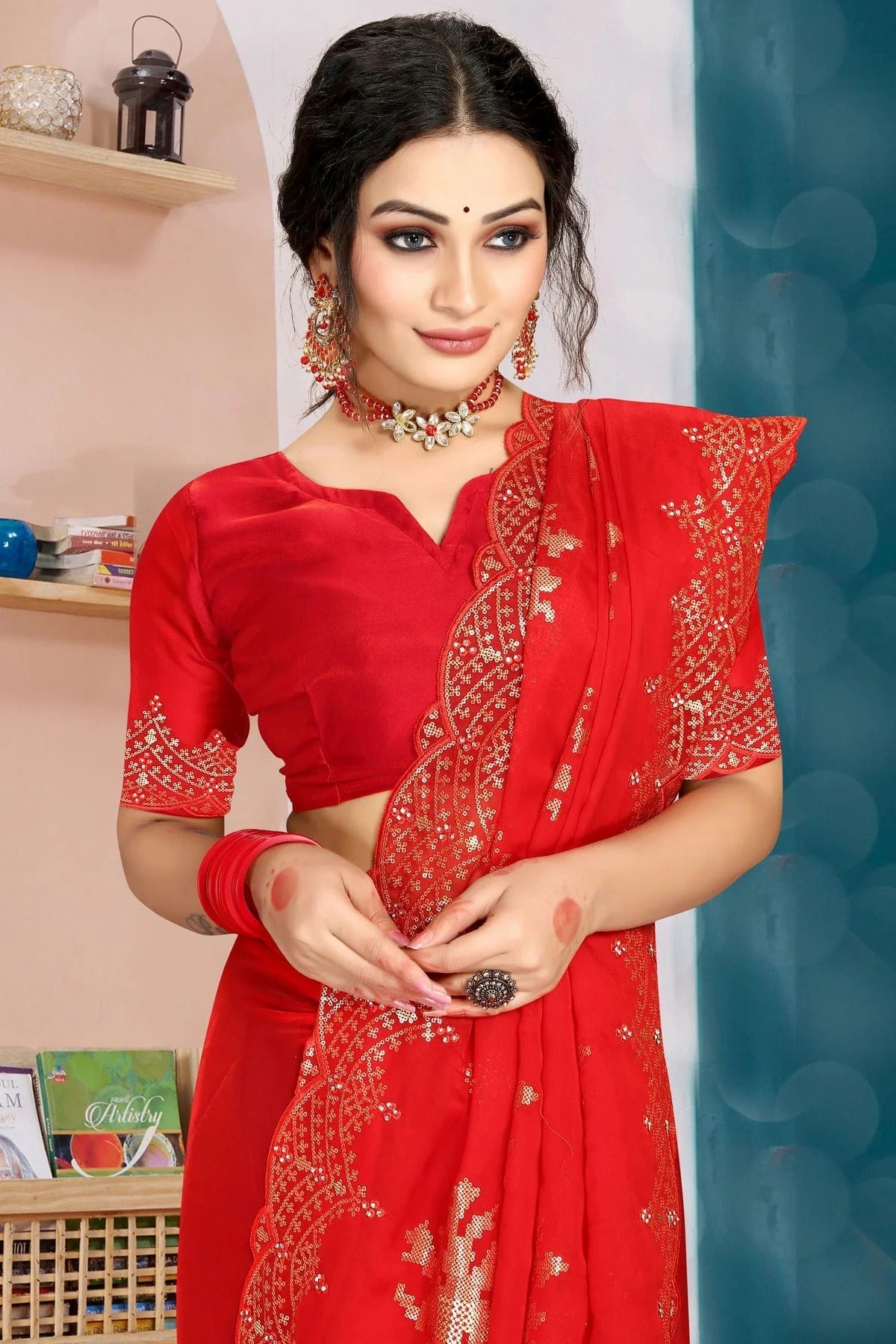 Red Colour Organza Silk Designer Saree LC1121341 A