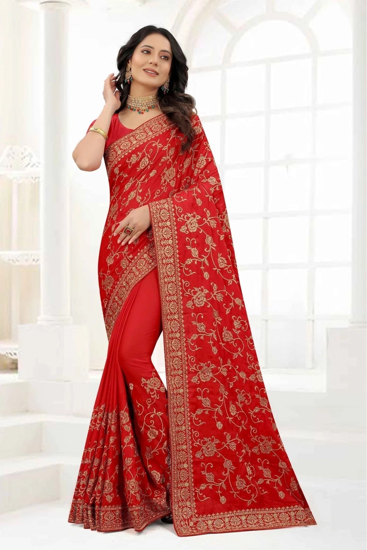 Red Colour Satin Silk Embroidery Saree SD1090325