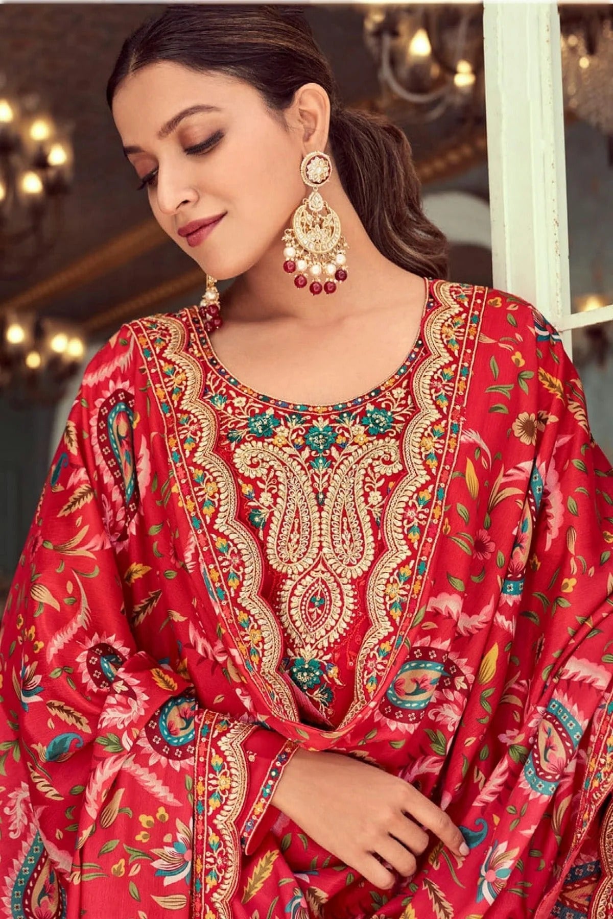 Red Colour Semi Stitched Georgette Pant Style Suit SM1140144 A