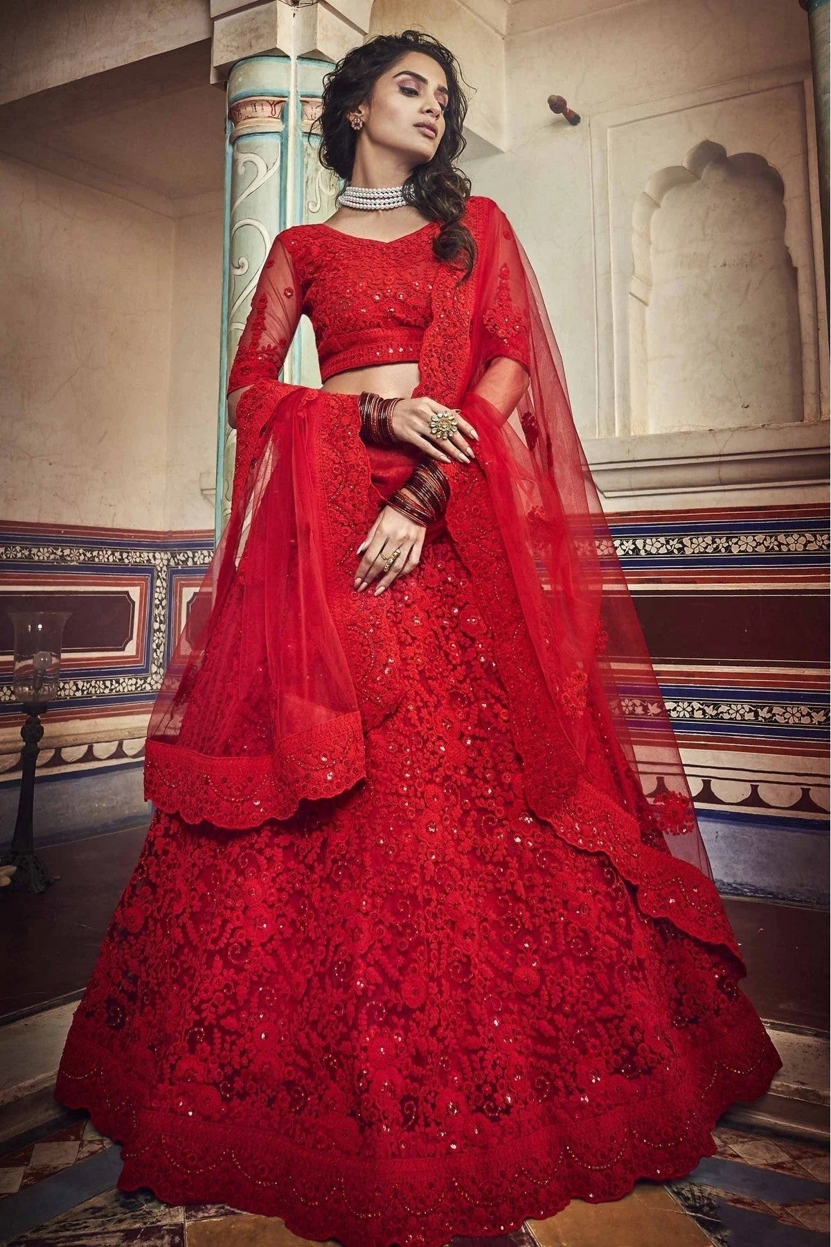 Red Colour Soft Net Sequins Work Lehenga Choli LC1080473