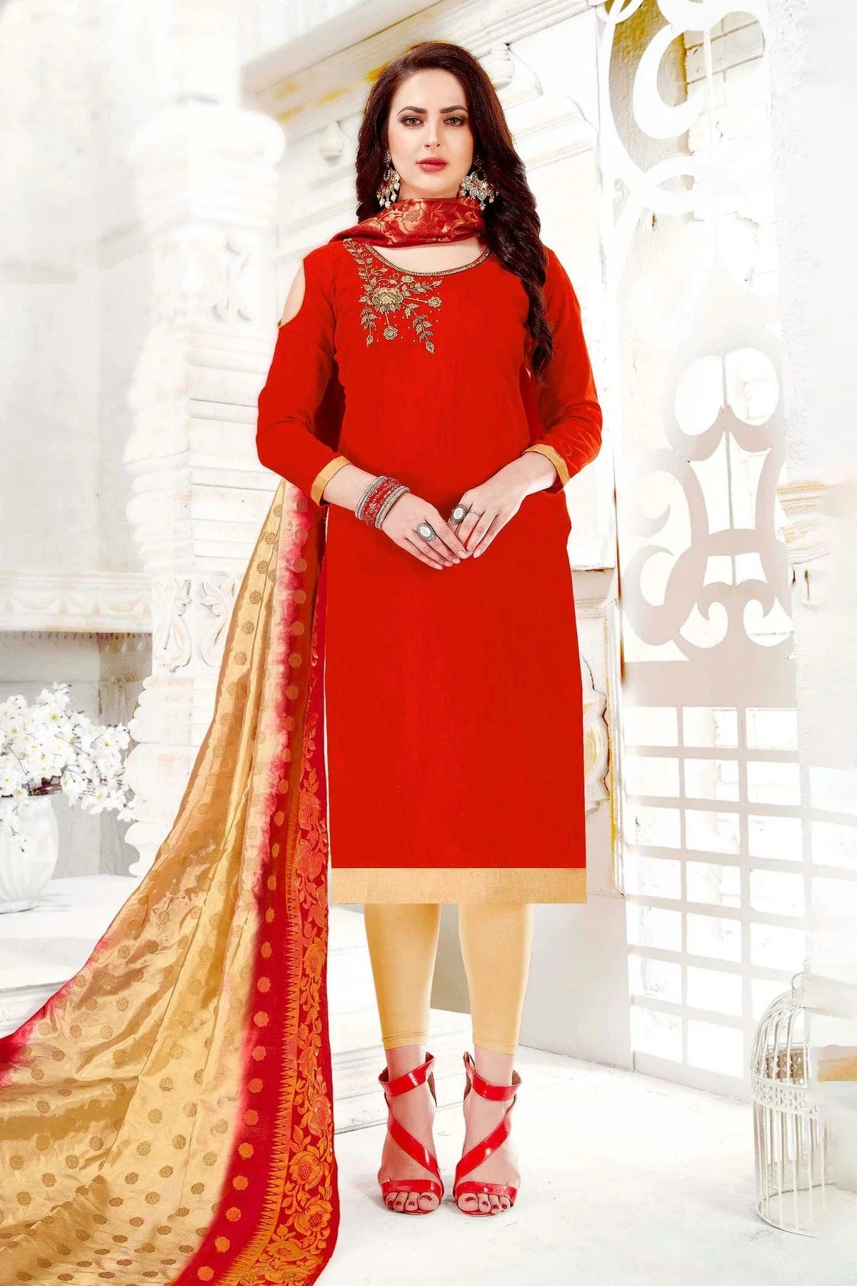 Red Colour Unstitched Cotton South Slub Straight Suit US1161098