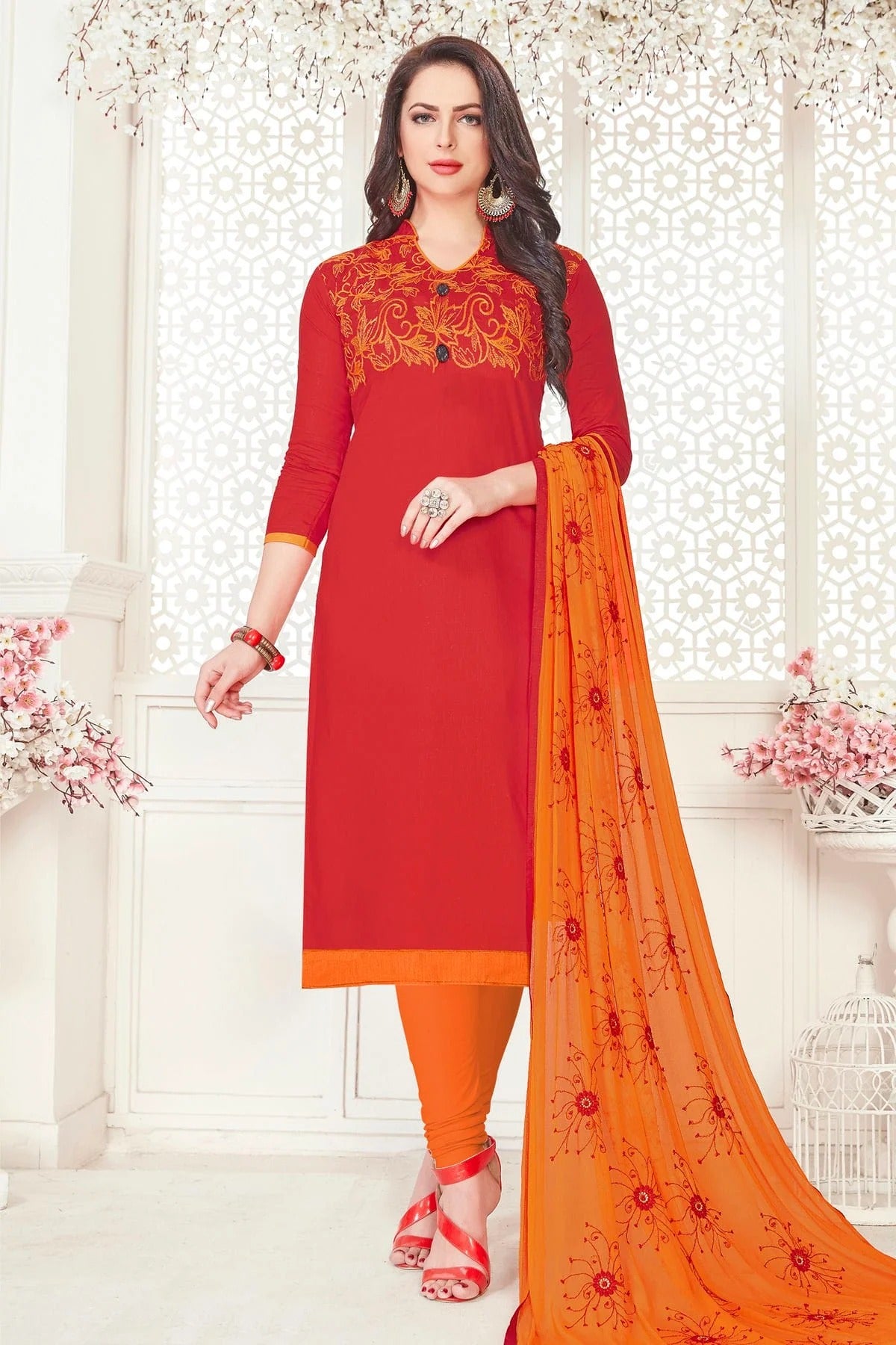 Red Colour Unstitched Glace Cotton Churidar Suit US1161171