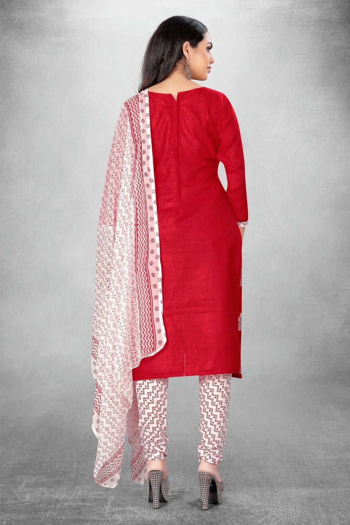 Red Colour Unstitched Slub Cotton Churidar Suit US1160765 A