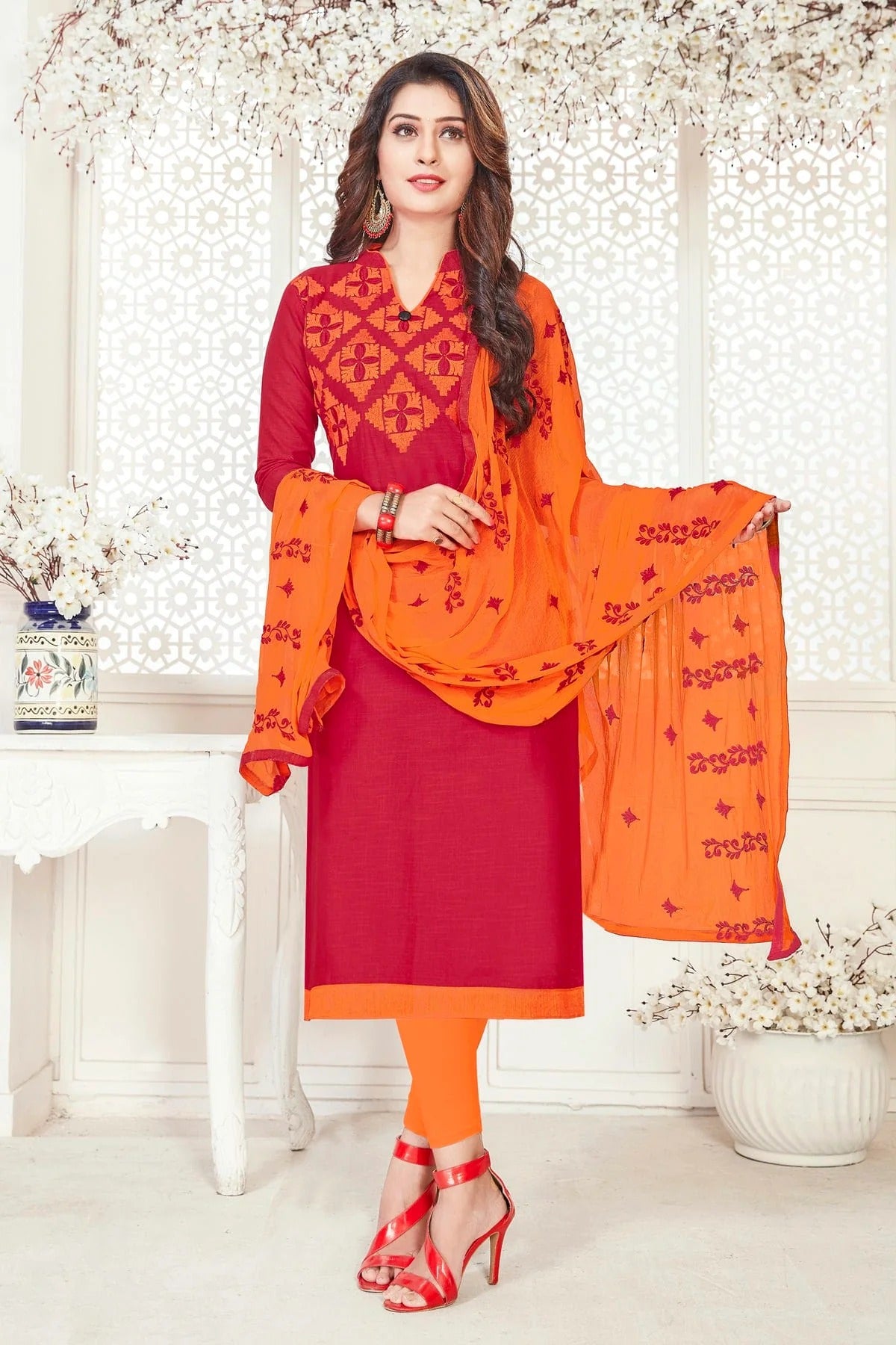 Red Colour Unstitched South Cotton Slub Straight Suit US1161125