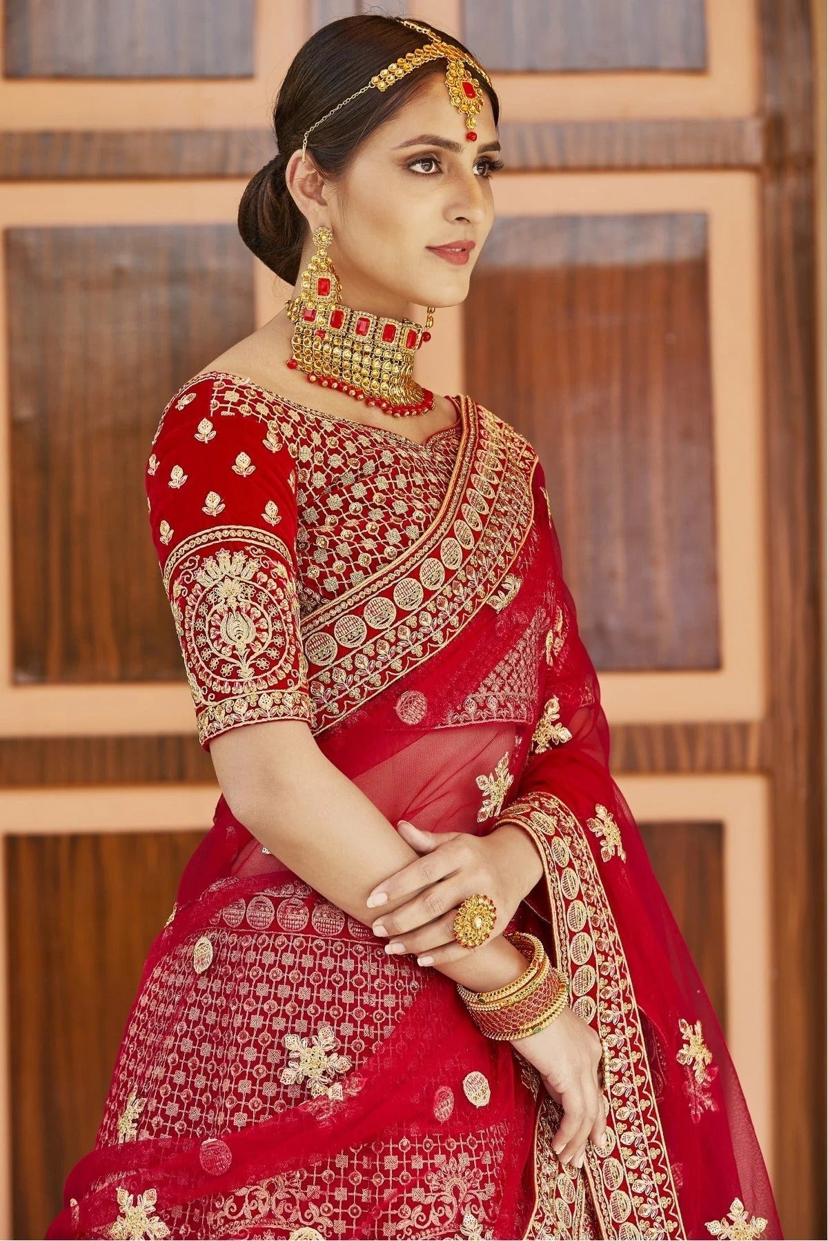 Red Colour Velvet Hand Work Bridal Lehenga Choli LC1080296 B