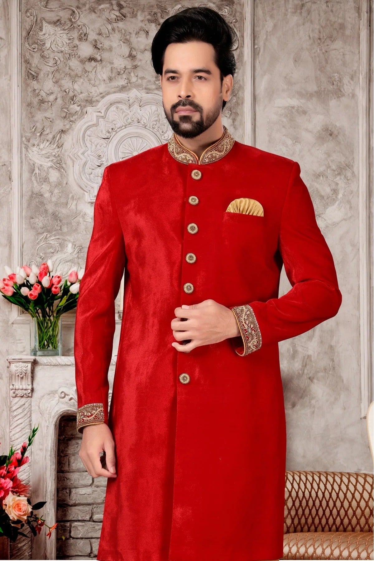 Red Colour Velvet Sherwani SH1040305 A