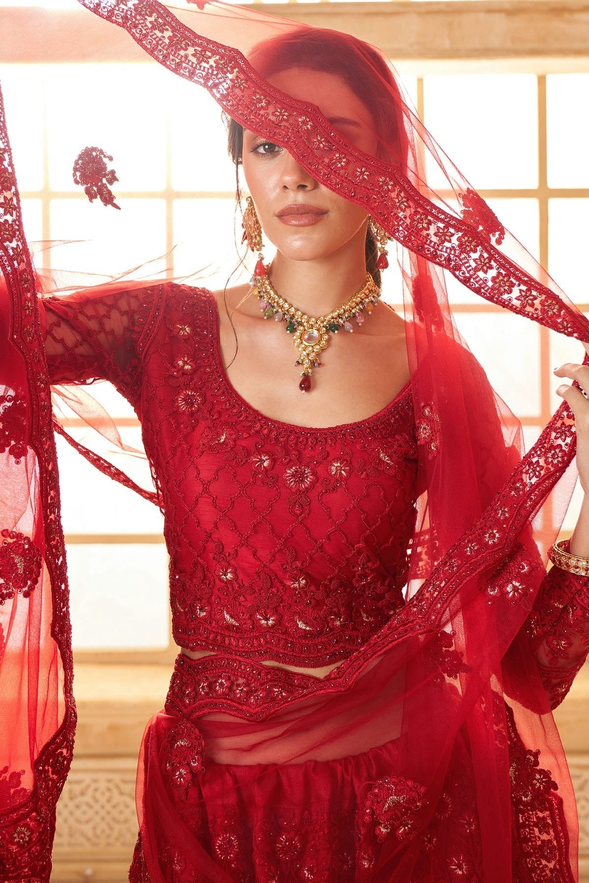 Red Embroidery Net and SilK Lehenga Choli LC1290146 B