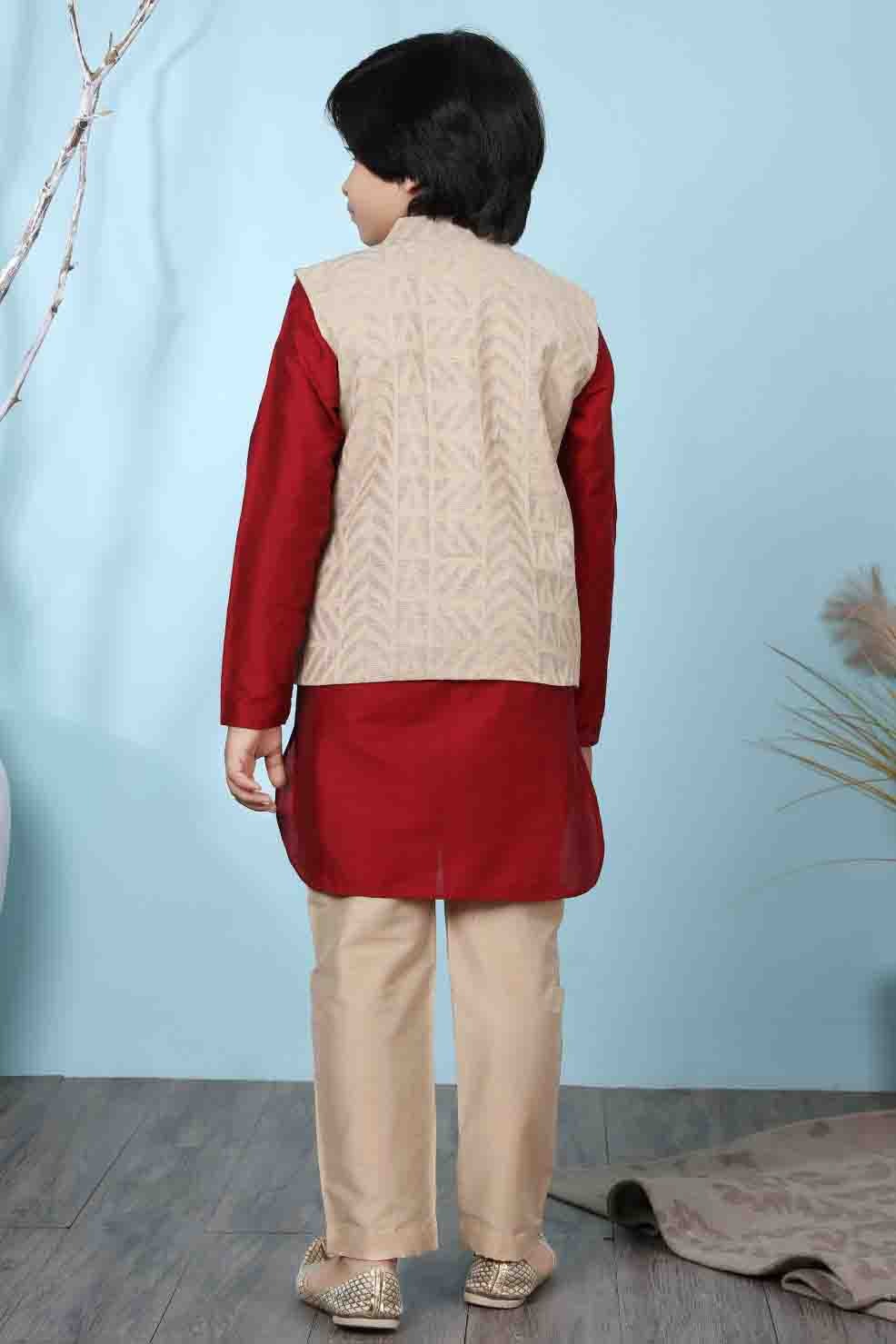 Red and Beige Colour Cotton Silk Kurta Pajama With Jacket BW1070103 C