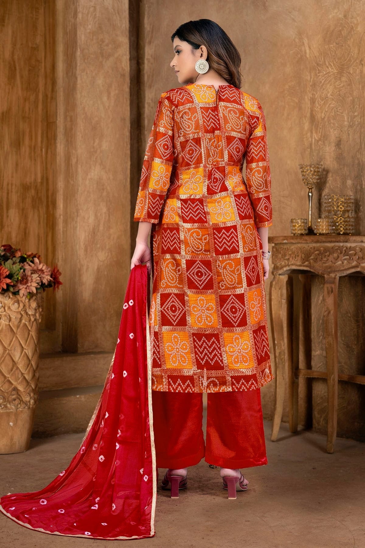 Red and Orange Colour Unstitched Cotton Plazzo Pant Suit US1160852 A