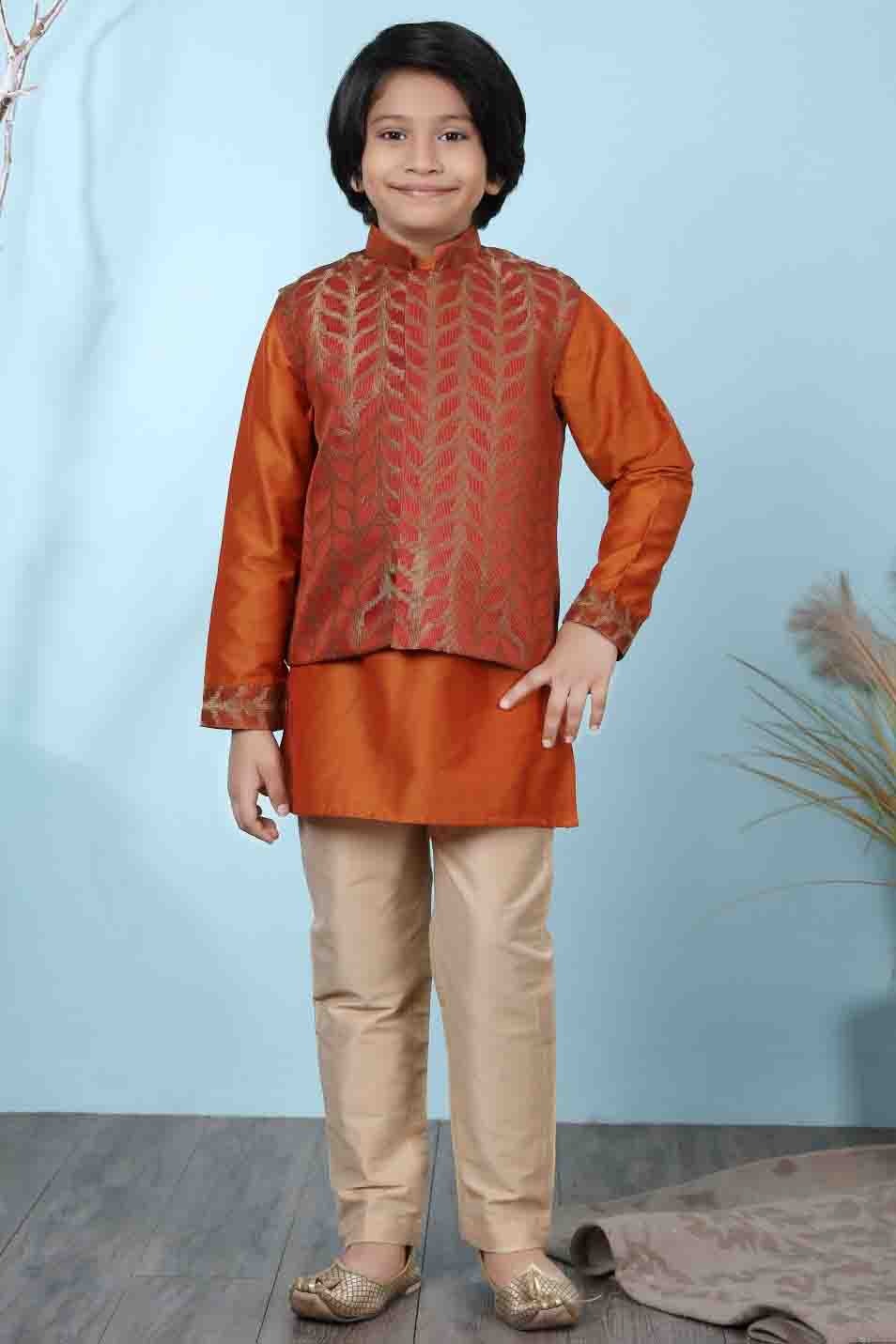 Rust Colour Cotton Silk Kurta Pajama With Jacket BW1070098 C