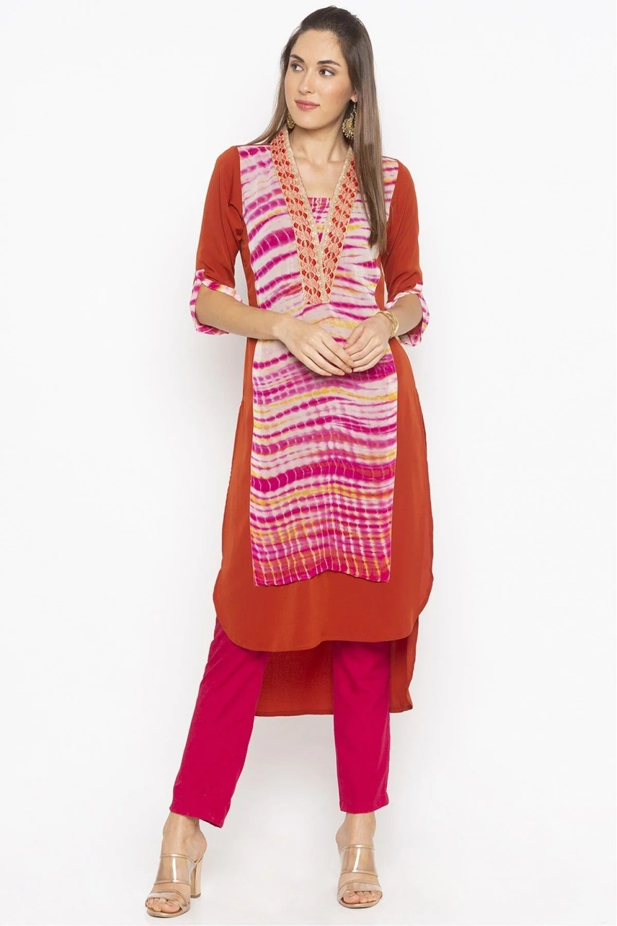 Rust Colour Plus Size Faux Crepe Embroidery Kurta Set KR1070468