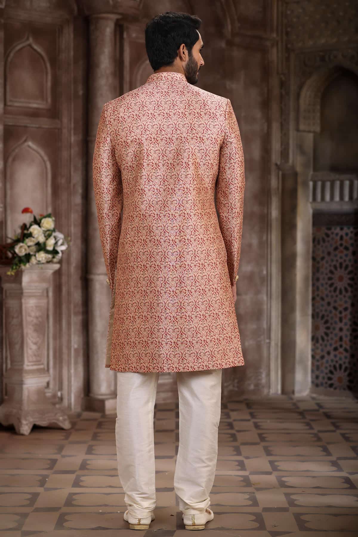 Rust Peach Colour Art Silk Digital Printed Work indo western Sherwani