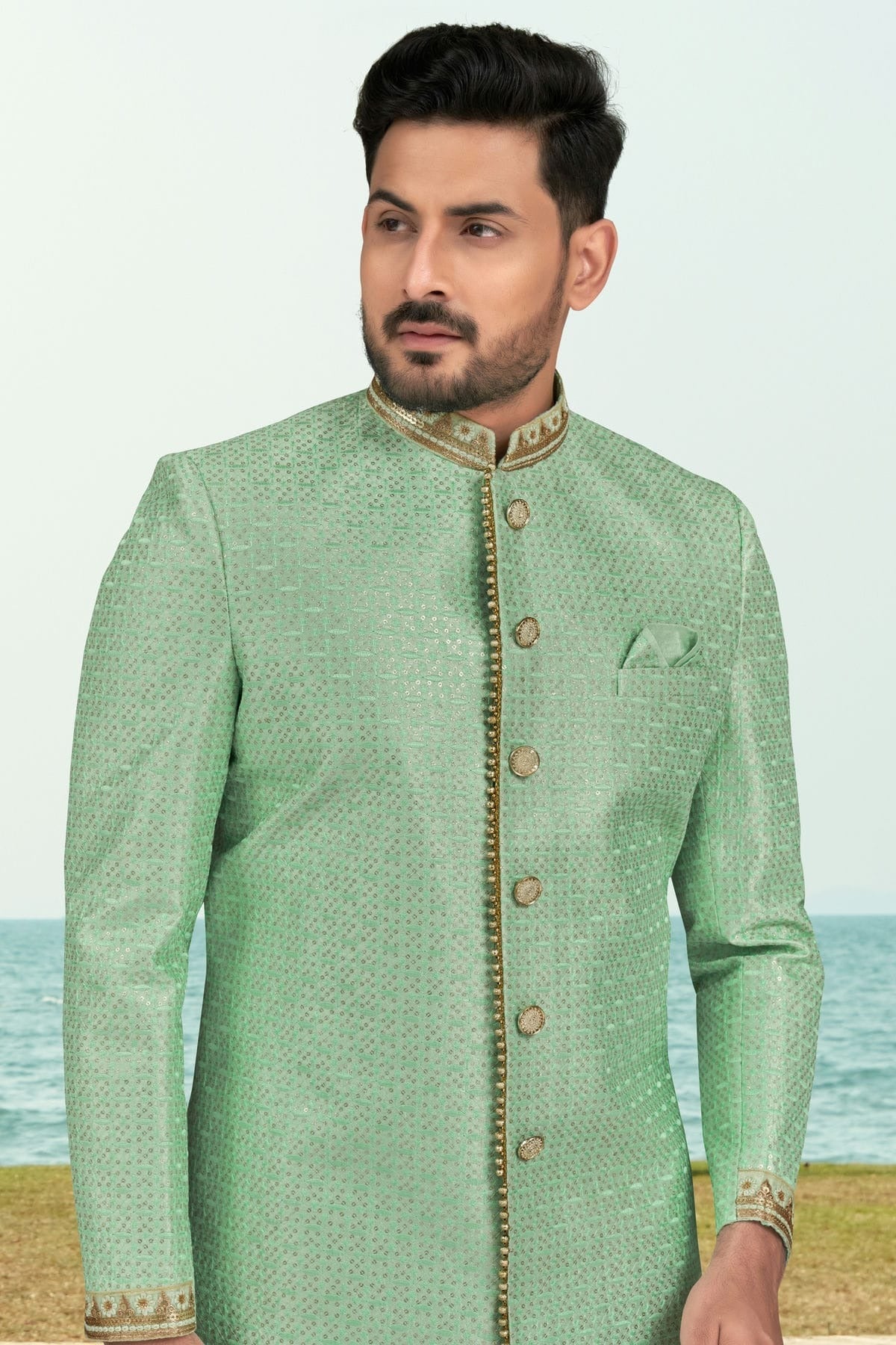 Sea Green Colour Banarasi Silk Indo Western Sherwani SH1040503 A