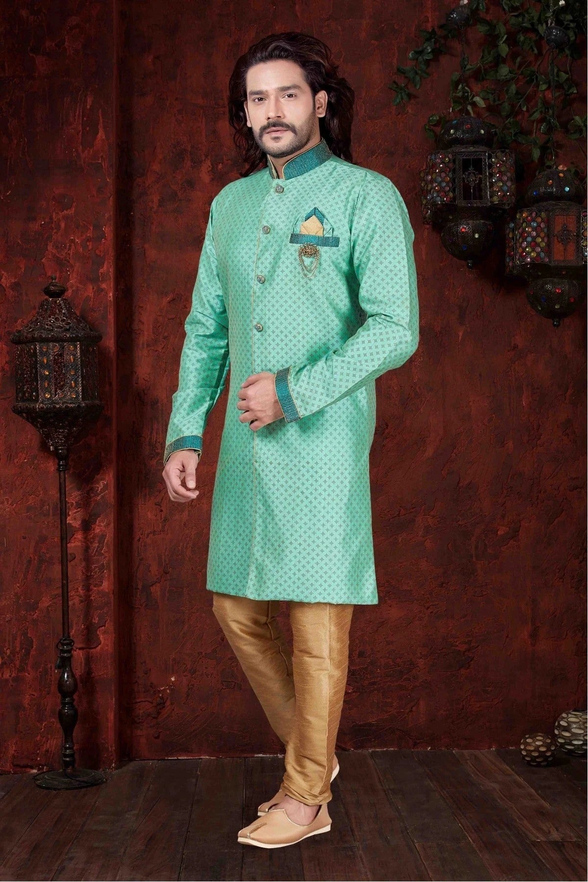 Sea Green Colour Kurta Pajama In Jarna Print Fabric KP1040034