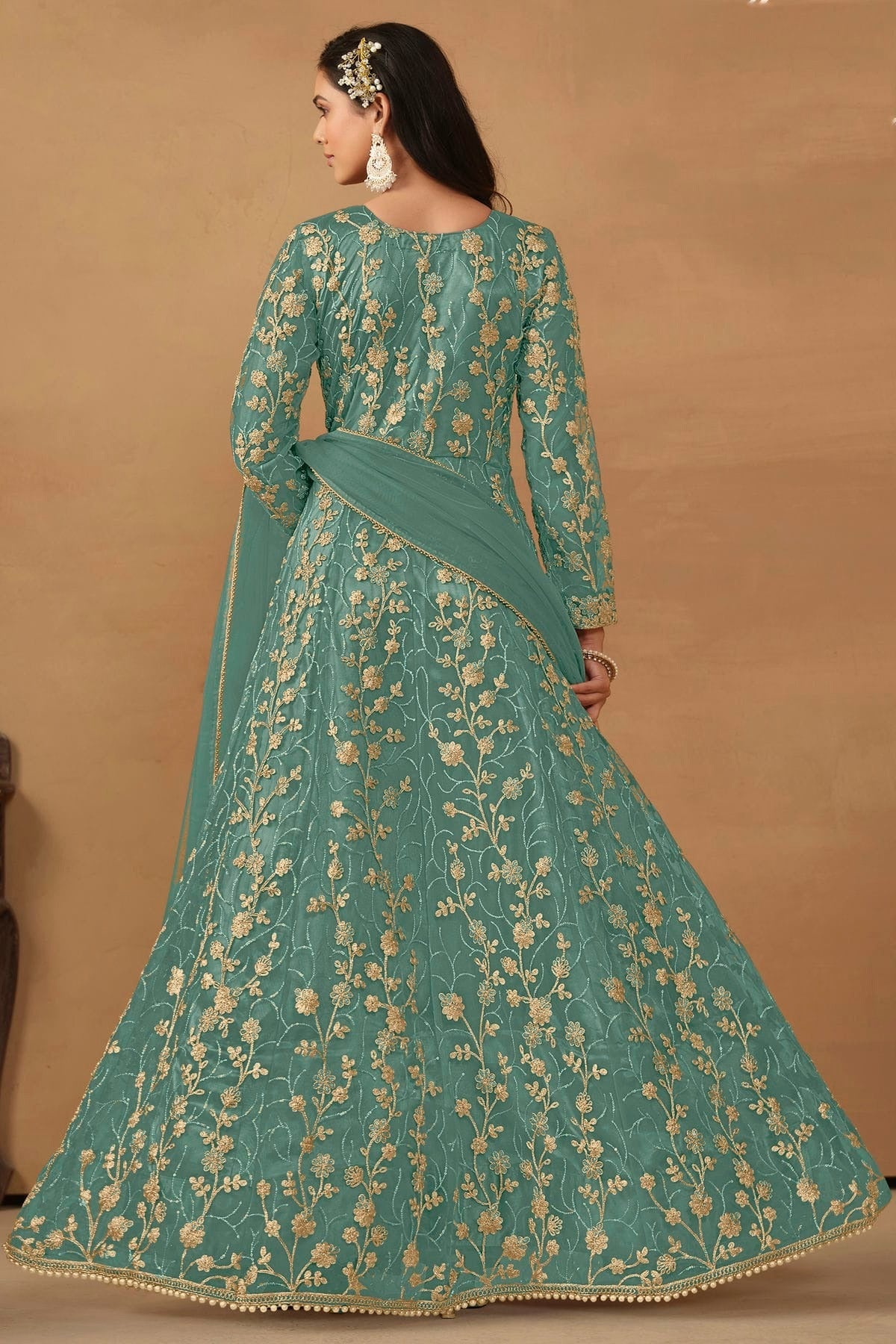 Sea Green Colour Net Pant Style Suit SM1050574 A