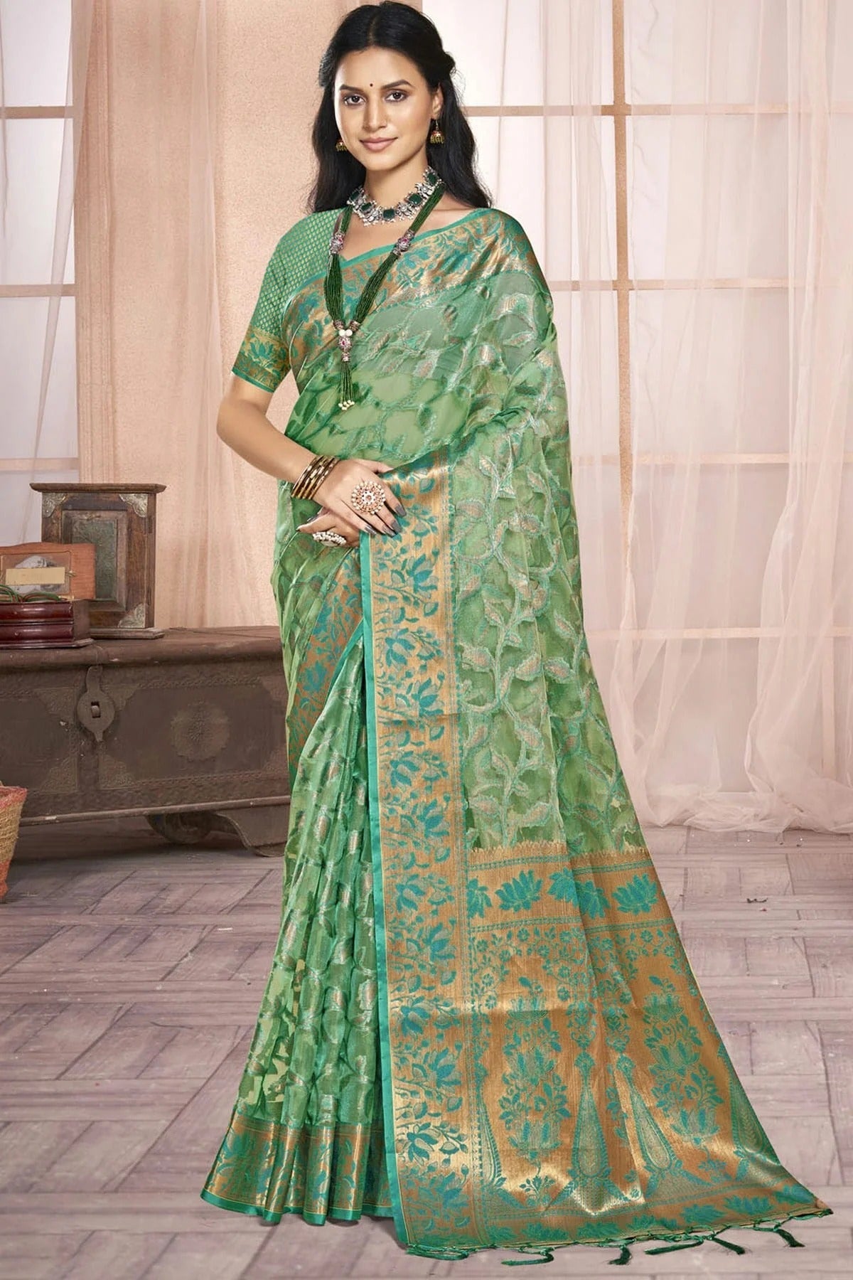 Sea Green Colour Organza Traditional Saree SD1102591