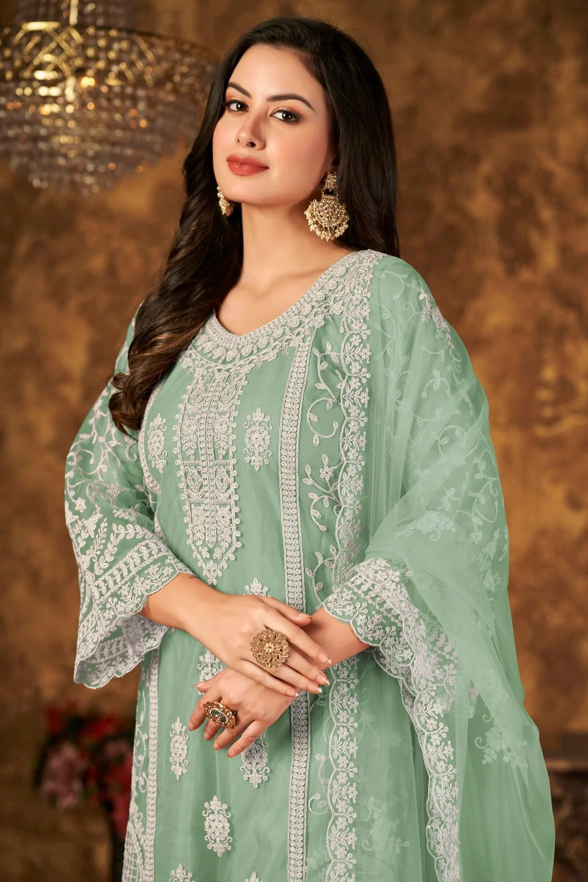 Sea Green Colour Plazoo Pant Suit Net Semi Stitched SM1050529 A