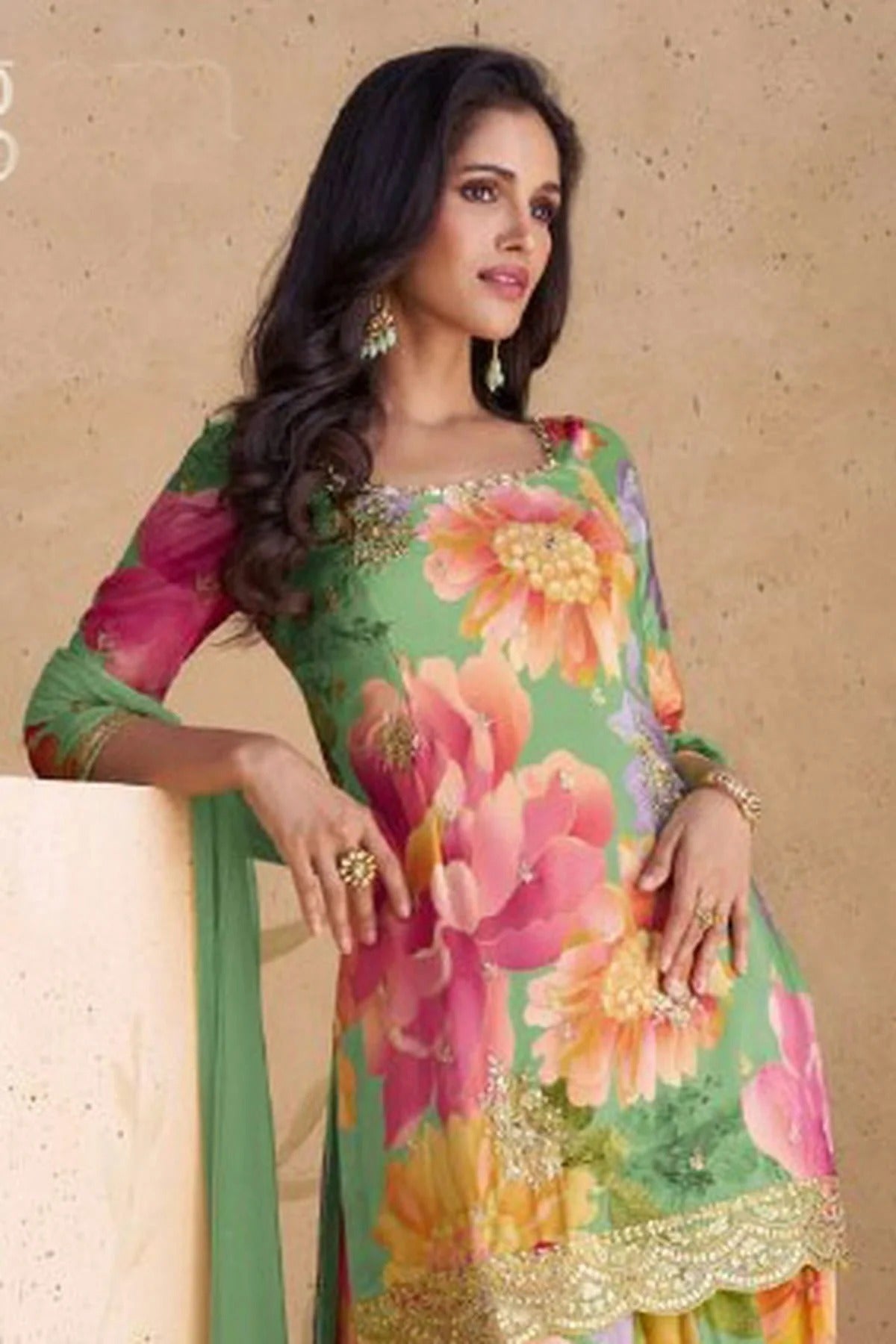 Sea Green Colour Semi Stitched Chinon Palazzo Pant Suit SM1140243 A