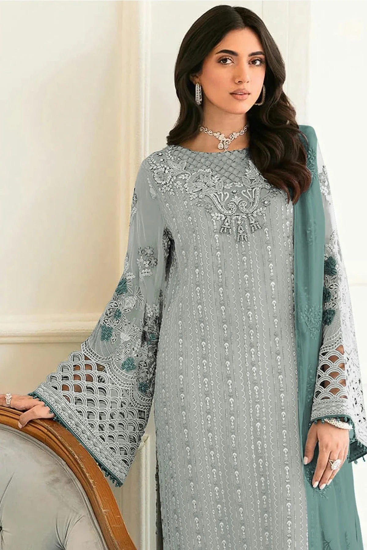 Sea Green Colour Semi Stitched Faux Georgette Pakistani Suit SM1140223 A