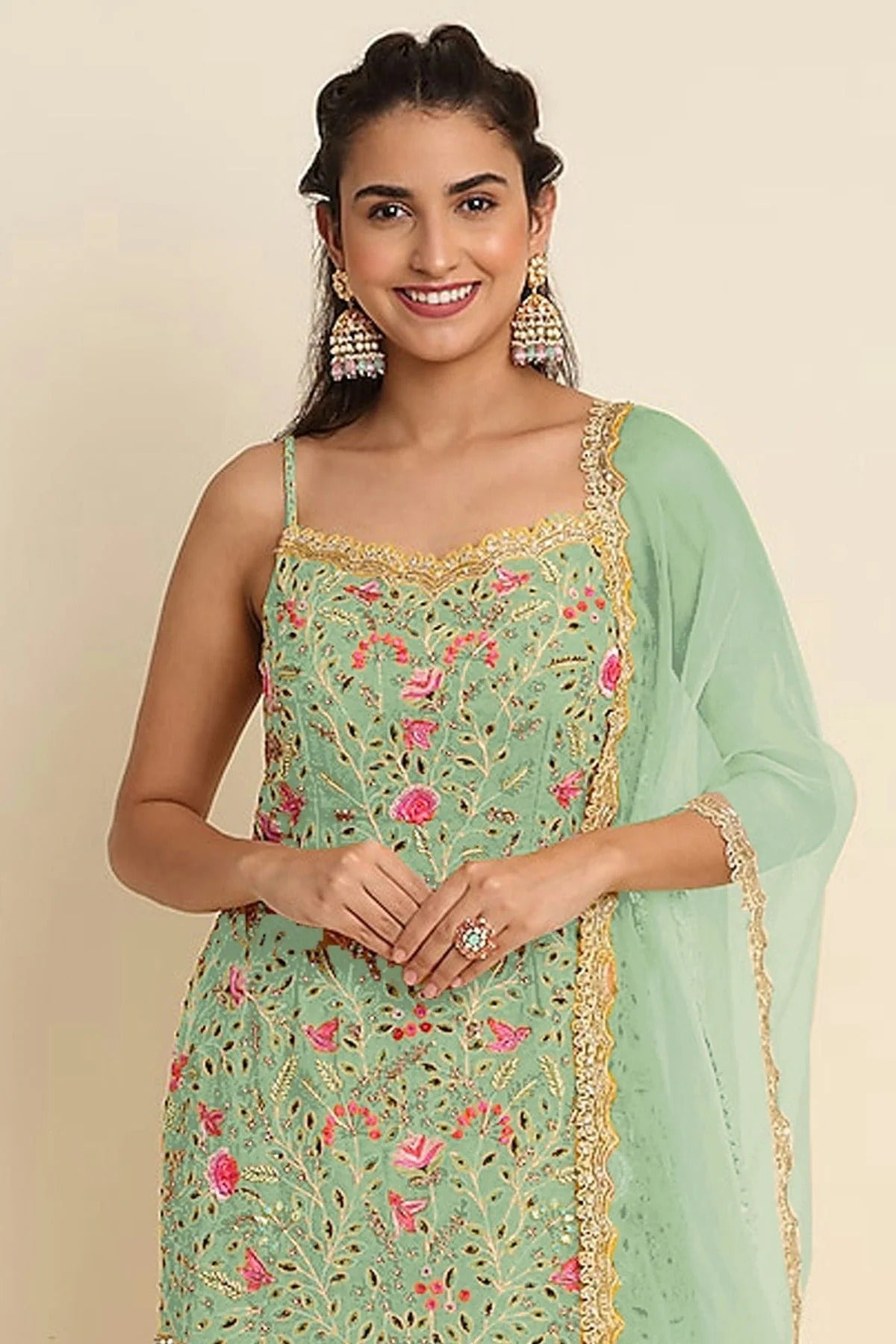Sea Green Colour Semi Stitched Faux Georgette Sharara Suit SM1140165 A
