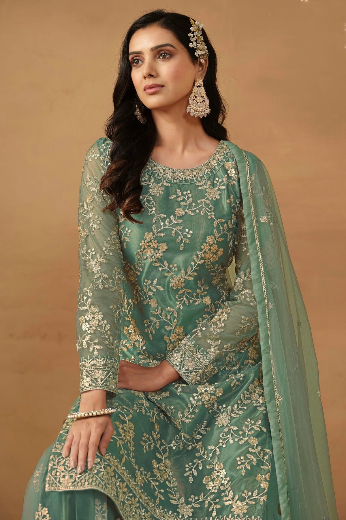 Sea Green Colour Semi Stitched Net Sharara Suit SM1050458 A