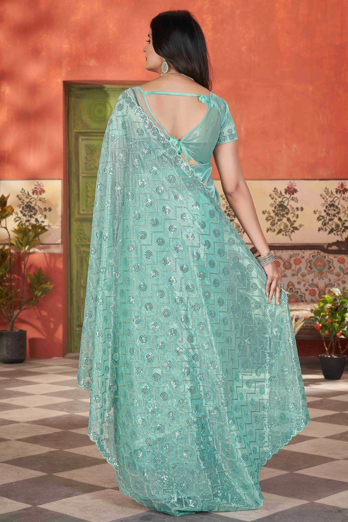 Sea Green Colour Tissue Net Designer Saree SD1112567 A