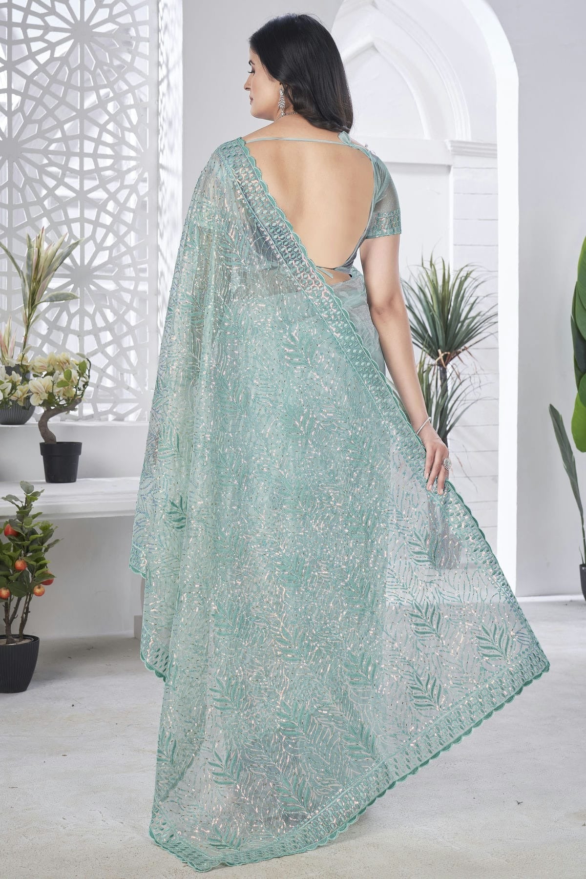Sea Green Colour Tissue Net Designer Saree SD1112576 A
