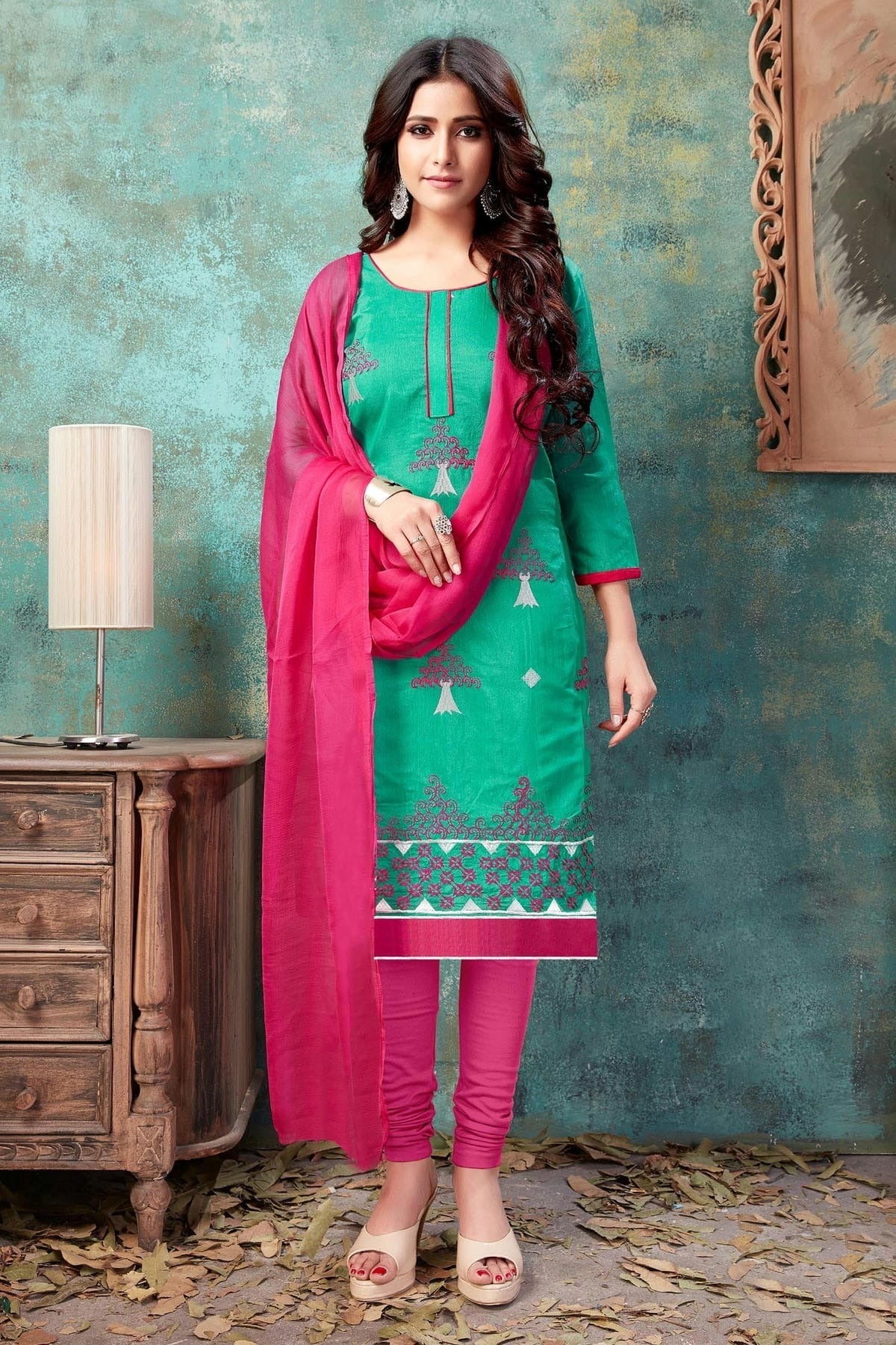 Sea Green Colour Unstitched Chanderi Cotton Churidar Suit US1161199