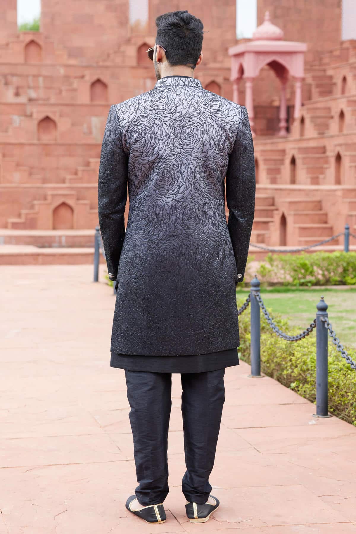 Shaded Grey Black Colour Art Silk Thread Embroidery Work 3 Pcs Jacket Set