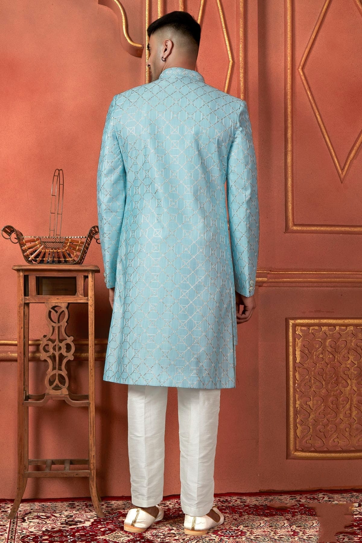 Sky Blue Colour Art Silk Indowestern Sherwani With Aligadhi Pant SH1230085 B