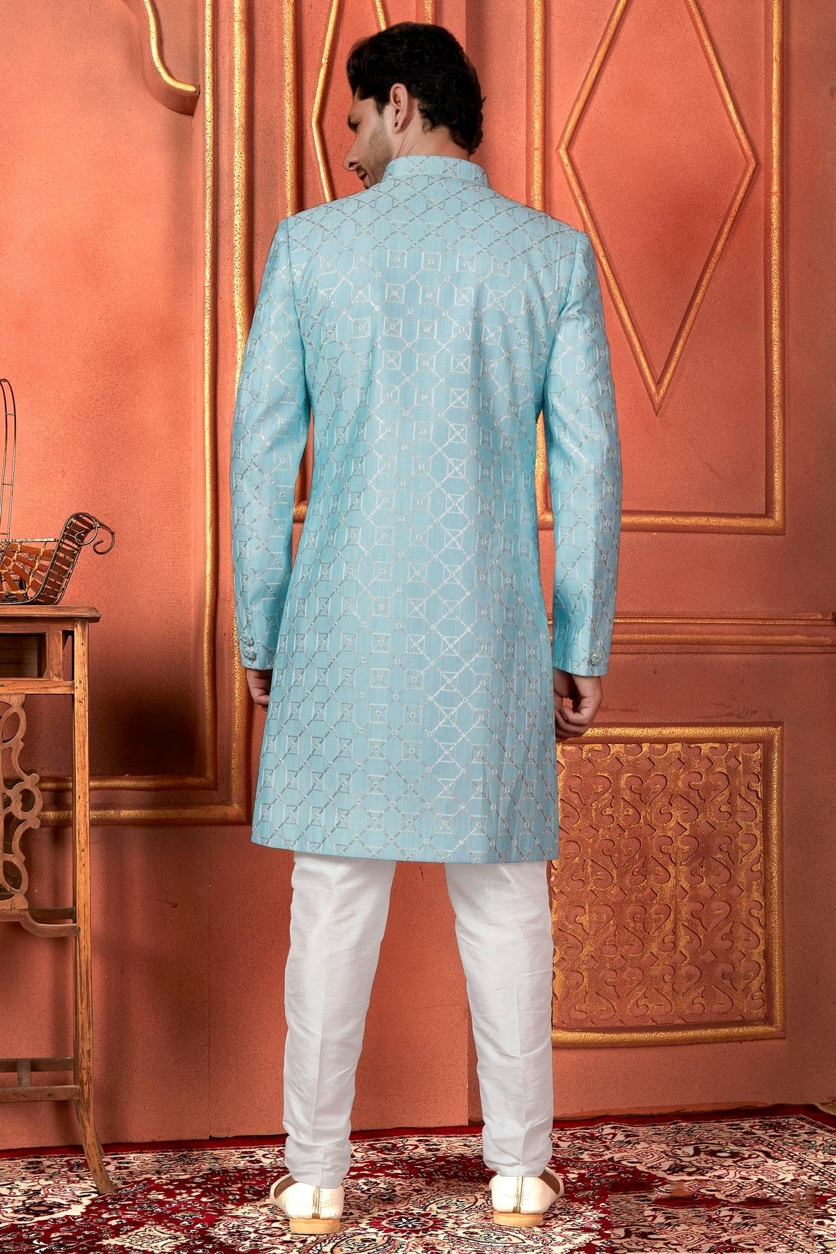 Sky Blue Colour Art Silk Indowestern Sherwani With Aligadhi Pant SH1230097 B