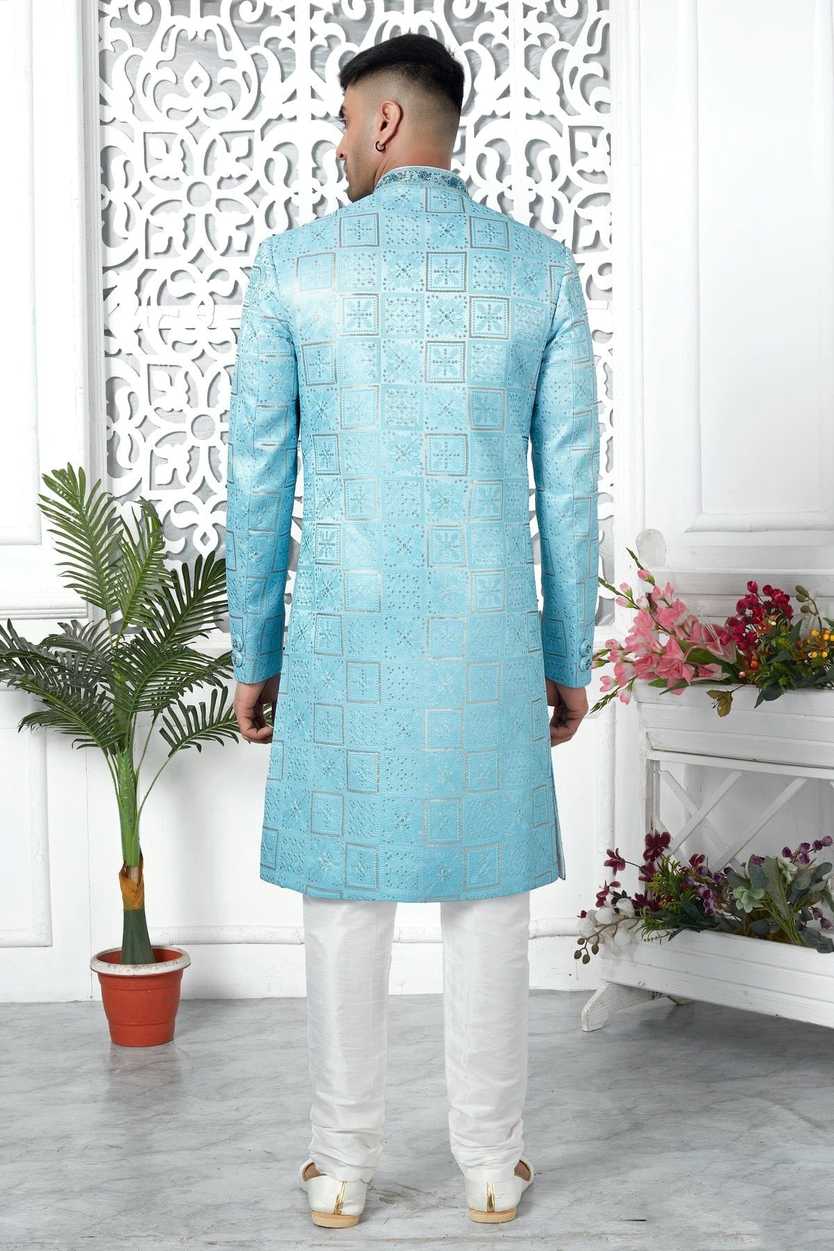 Sky Blue Colour Art Silk Sherwani With Churidar Pant SH1230054 B